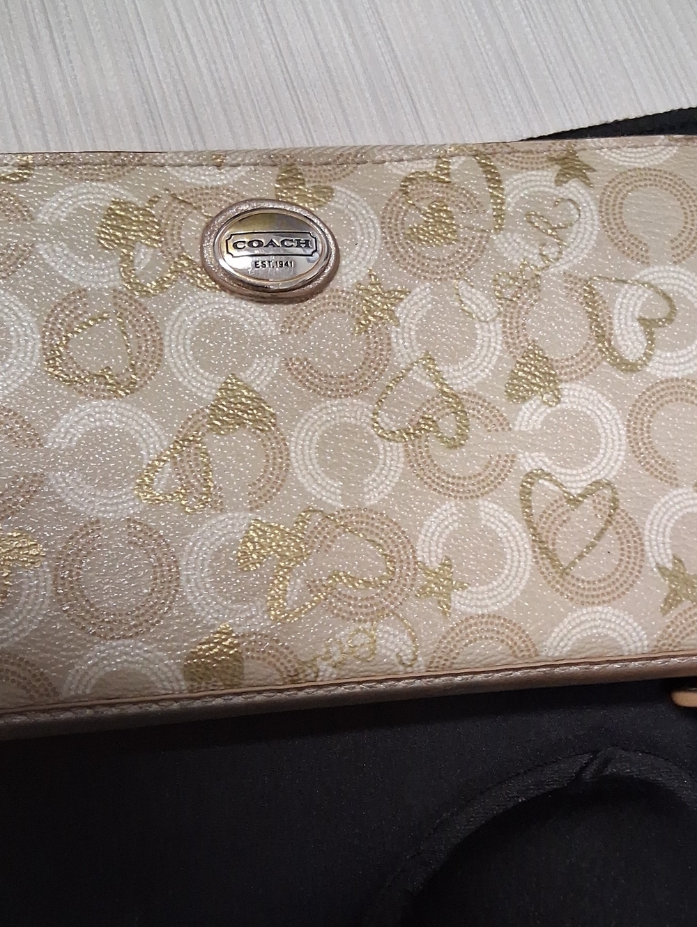 COACH Gold & Beige Signature Heart Print Wallet